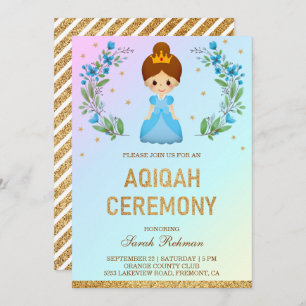 Faux Gold Glitter Cute Blue Princess Aqiqah Invitation