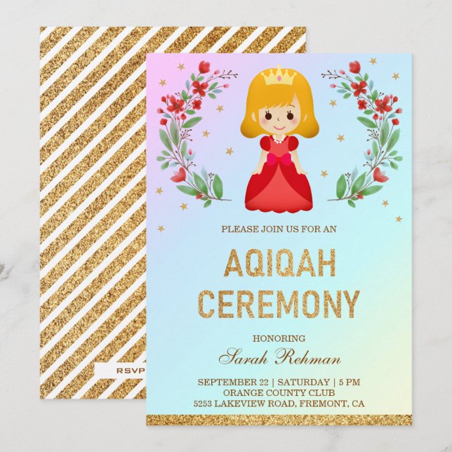 Faux Gold Glitter Cute Red Princess Aqiqah Invitation (Front/Back)