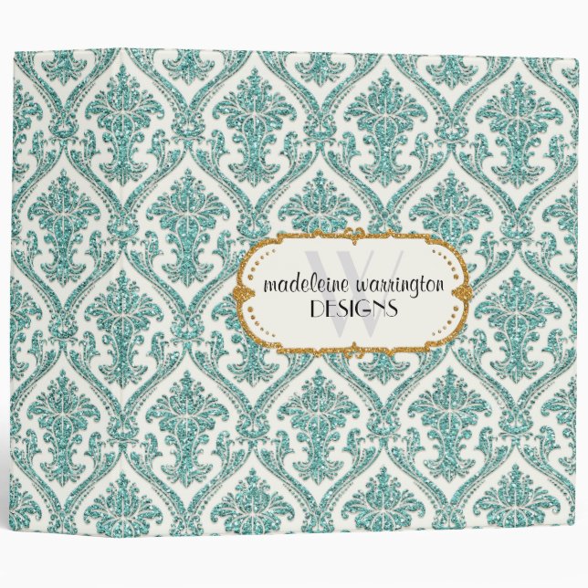 Faux Gold Glitter Damask Floral Pattern Business 3 Ring Binder (Front/Spine)