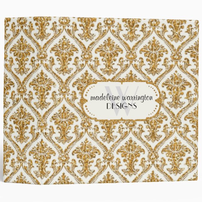 Faux Gold Glitter Damask Floral Pattern Business 3 Ring Binder (Front/Spine)