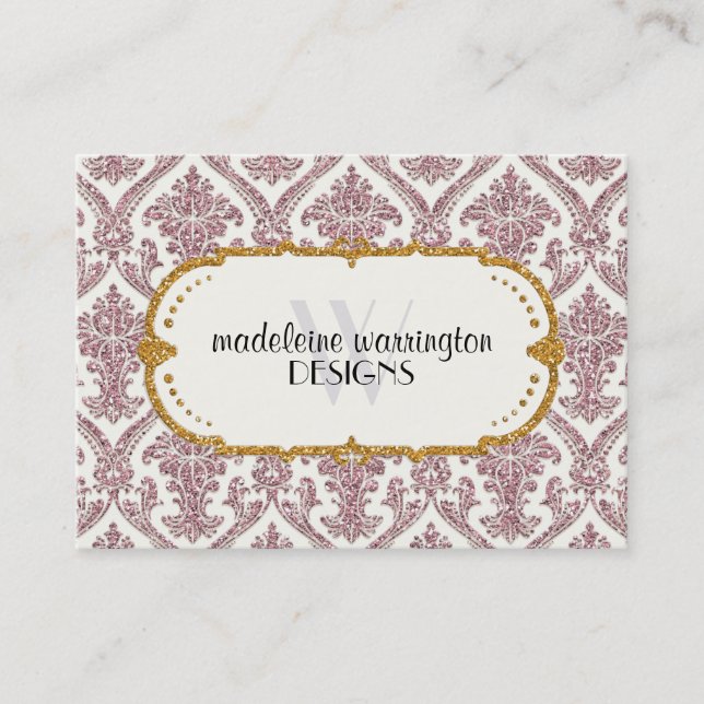 Faux Gold Glitter Damask Floral Pattern Business Appointment Card (Front)