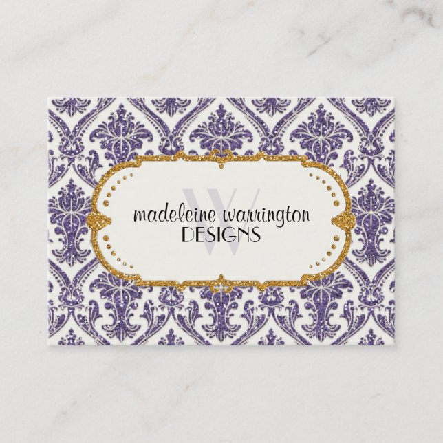 Faux Gold Glitter Damask Floral Pattern Business Appointment Card (Front)