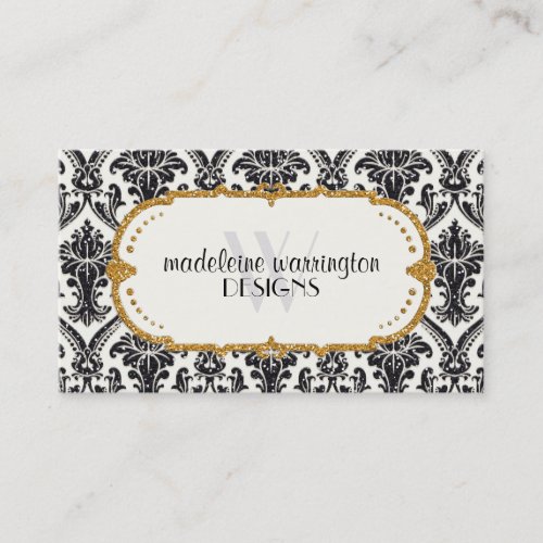 Faux Gold Glitter Damask Floral Pattern Business Appointment Card