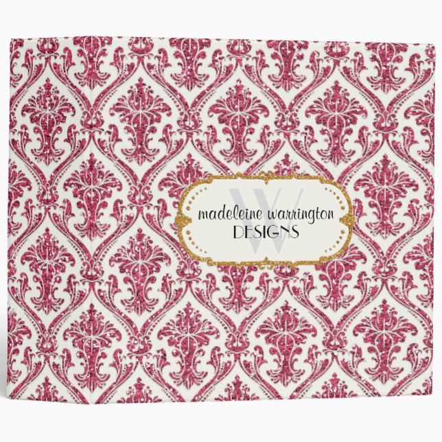 Faux Gold Glitter Damask Floral Pattern Business Binder (Front/Spine)