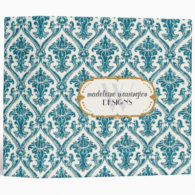 Faux Gold Glitter Damask Floral Pattern Business Binder (Front/Spine)