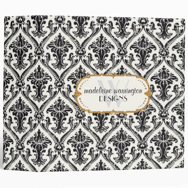 Faux Gold Glitter Damask Floral Pattern Business Binder (Front/Spine)