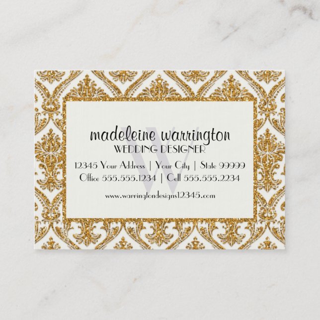 Faux Gold Glitter Damask Floral Pattern Business Business Card (Back)