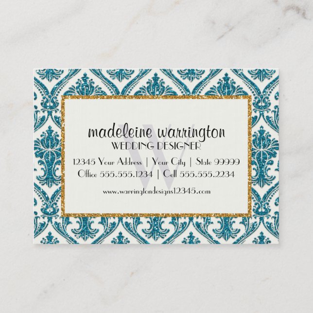 Faux Gold Glitter Damask Floral Pattern Business Business Card (Back)