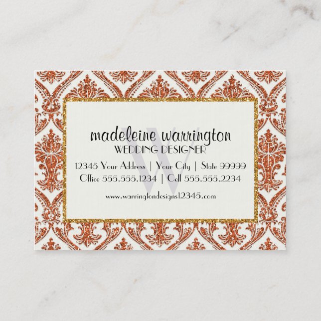 Faux Gold Glitter Damask Floral Pattern Business Card (Back)