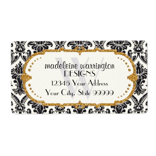 Faux Gold Glitter Damask Floral Pattern Business Label