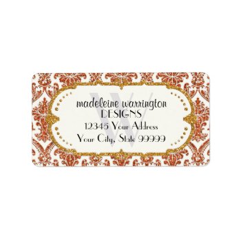 Faux Gold Glitter Damask Floral Pattern Business Label by ModernStylePaperie at Zazzle