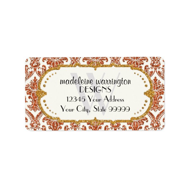 Faux Gold Glitter Damask Floral Pattern Business Label (Front)