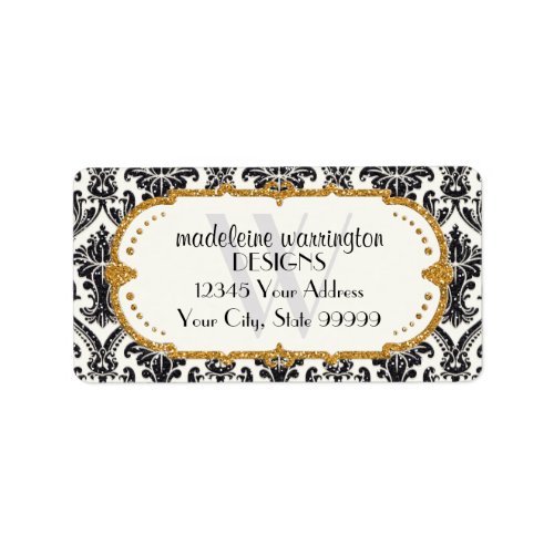 Faux Gold Glitter Damask Floral Pattern Business Label