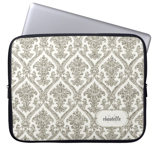 Faux Gold Glitter Damask Floral Pattern Customized Laptop Sleeve (Front)