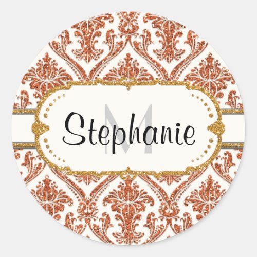 Faux Gold Glitter Damask Floral Pattern Stationery Classic Round Sticker