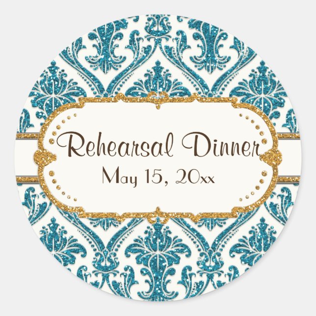 Faux Gold Glitter Damask Floral Pattern Stationery Classic Round Sticker (Front)