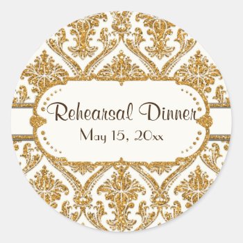 Faux Gold Glitter Damask Floral Pattern Stationery Classic Round Sticker by ModernStylePaperie at Zazzle