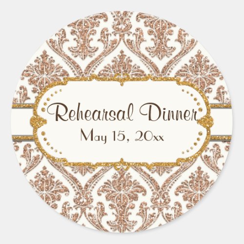 Faux Gold Glitter Damask Floral Pattern Stationery Classic Round Sticker