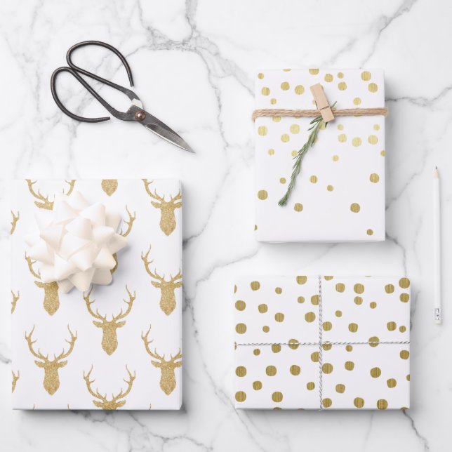 Faux Gold Glitter Deer Antlers - Christmas Wrapping Paper Sheets (Front)