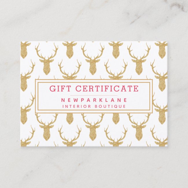 Faux Gold Glitter Deer Christmas Gift Certificate
