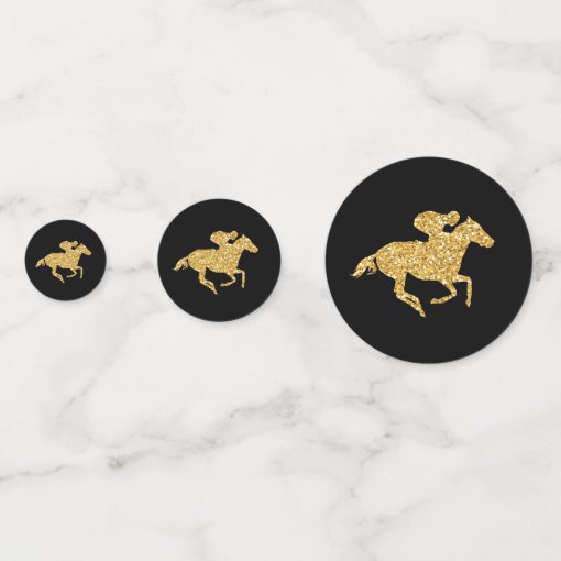 Faux Gold Glitter Derby Race Horse on Black Confetti Zazzle