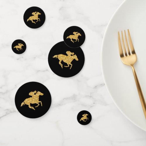 Faux Gold Glitter Derby Race Horse on Black Confetti