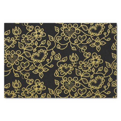 Faux Gold Glitter Doodle Flowers On Black Tissue Paper