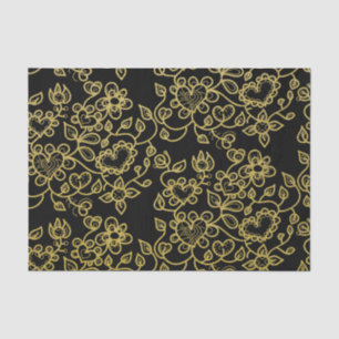 Faux Gold Glitter Doodle Flowers On Black Tissue Paper