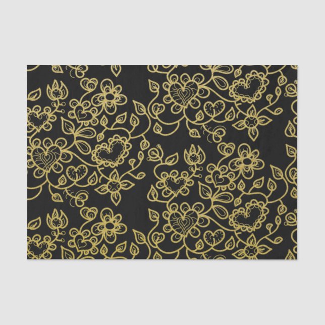 Faux Gold Glitter Doodle Flowers On Black Tissue Paper (Front)