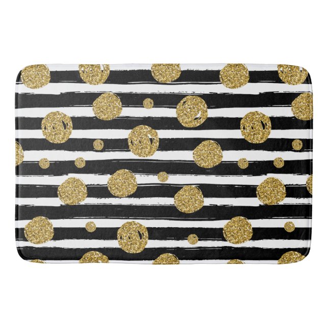 Faux gold glitter dots Black white stripes Bathroom Mat (Front)