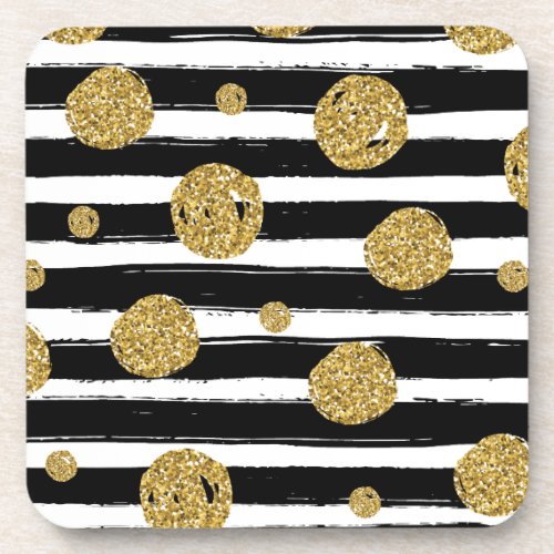 Faux gold glitter dots Black white stripes Beverage Coaster