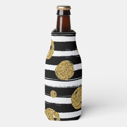 Faux gold glitter dots Black white stripes Bottle Cooler