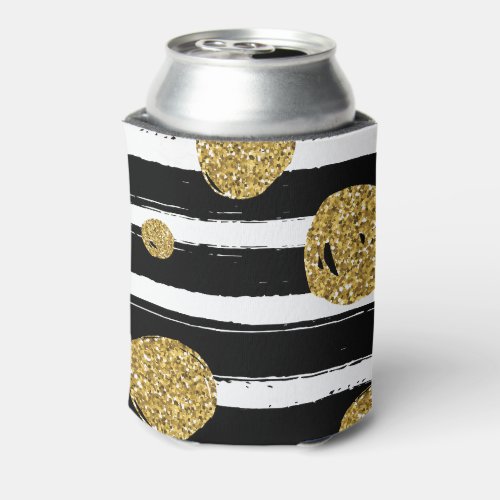 Faux gold glitter dots Black white stripes Can Cooler