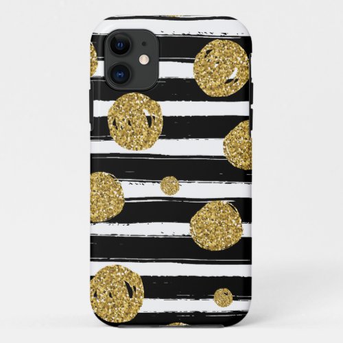 Faux gold glitter dots Black white stripes iPhone 11 Case