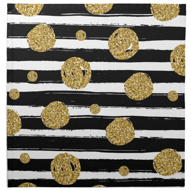 Faux gold glitter dots Black white stripes Cloth Napkin (Front)