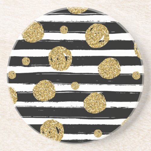 Faux gold glitter dots Black white stripes Coaster