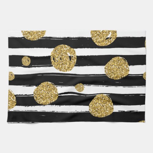 Faux gold glitter dots Black white stripes Kitchen Towel