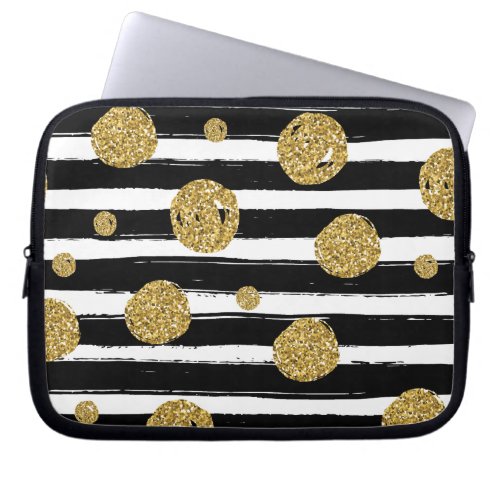 Faux gold glitter dots Black white stripes Laptop Sleeve