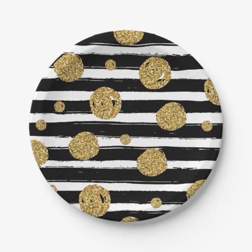 Faux gold glitter dots Black white stripes Paper Plates