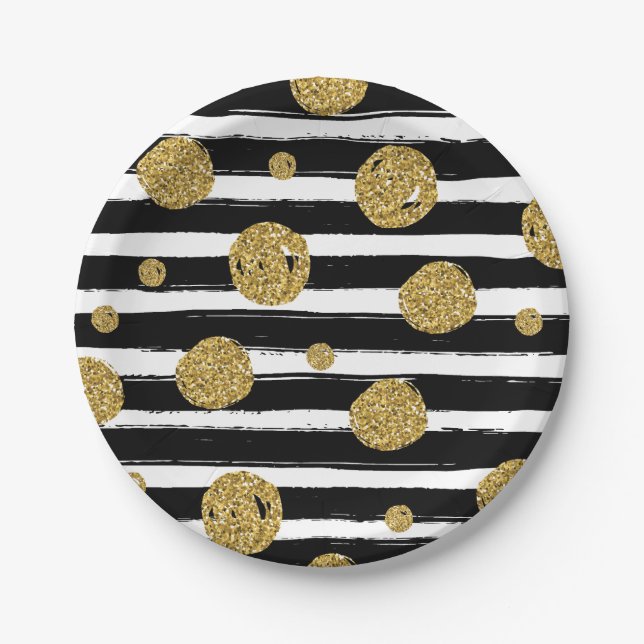 Faux gold glitter dots Black white stripes Paper Plates (Front)