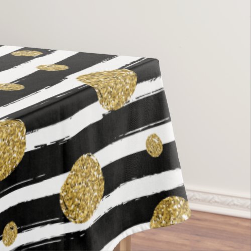Faux gold glitter dots Black white stripes Tablecloth