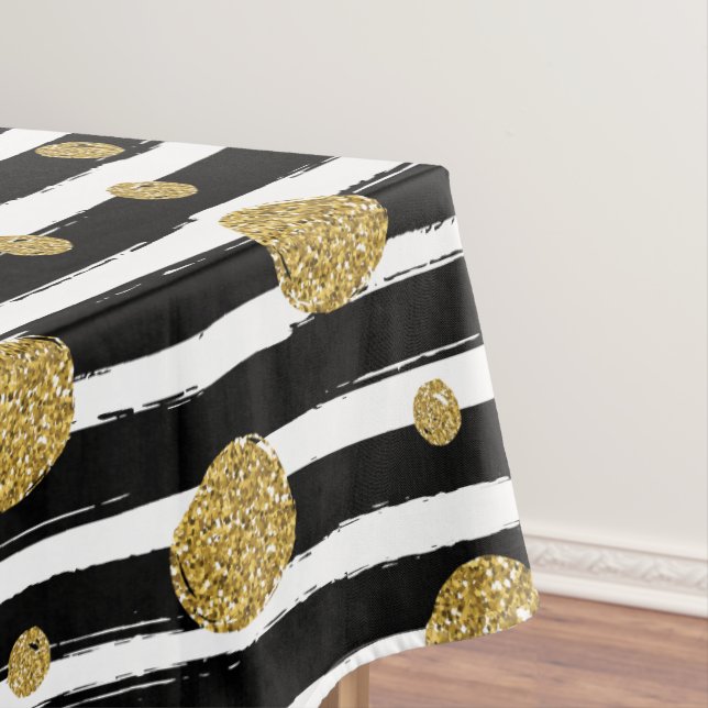 Faux gold glitter dots Black white stripes Tablecloth (In Situ)