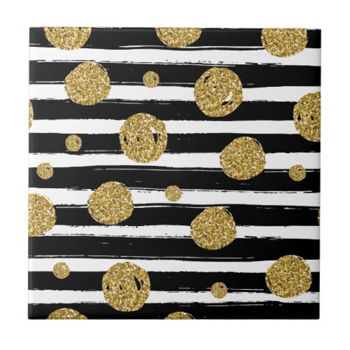Faux gold glitter dots Black white stripes Tile