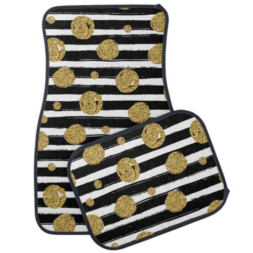 Faux gold glitter dots Black with stripes Car Floor Mat