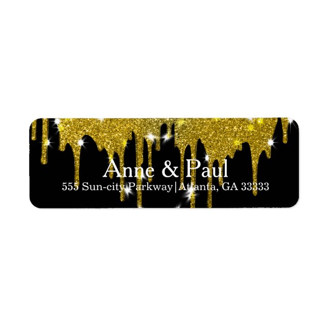 Faux Gold Glitter Drip on Black Modern Label (Front)