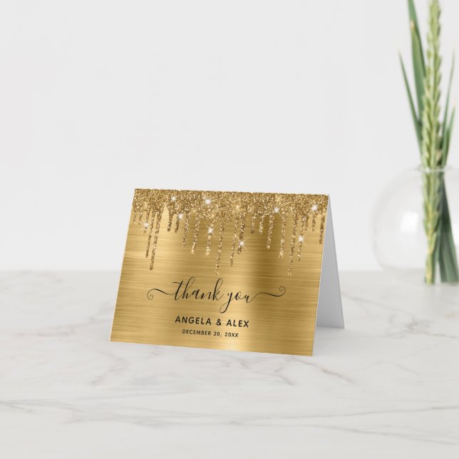 Faux Gold Glitter Drips Foil Wedding Thank You Card (Front)