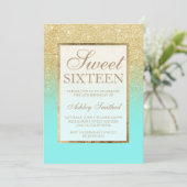 Faux gold glitter elegant aqua teal Sweet 16 Invitation (Standing Front)