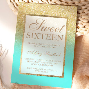 Faux gold glitter elegant aqua teal Sweet 16 Invitation