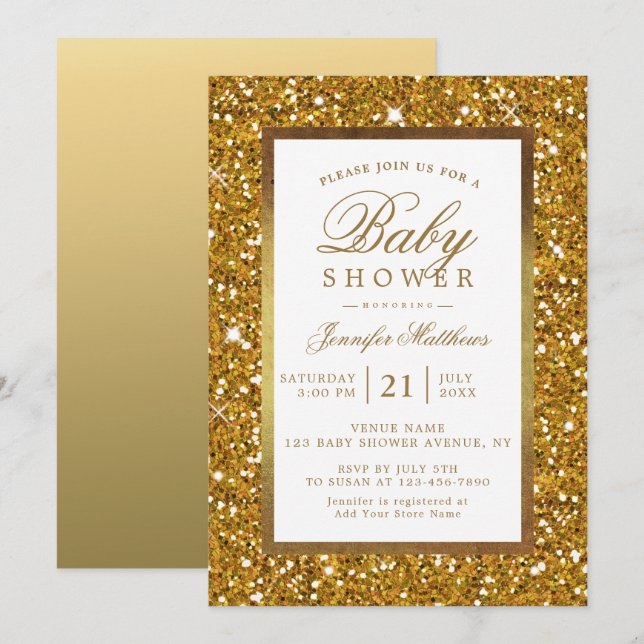 Faux Gold Glitter Elegant Baby Shower Invite (Front/Back)