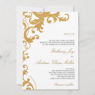 Faux Gold Glitter Elegant Damask Wedding Invite